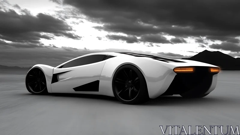 Futuristic white supercar accelerates across salt flat
