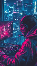 Cyberpunk gamer at neon PC setup over futuristic city.