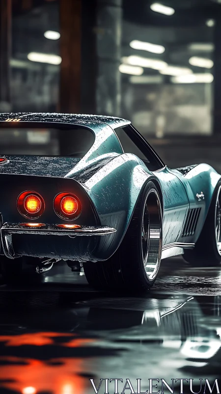 Classic teal sports car glowing softly in rainy garage.