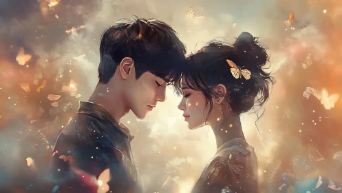 Two figures share an intimate moment in ethereal golden light.