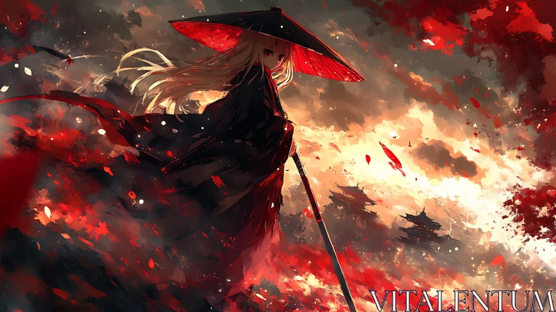 Digital painting of samurai girl with parasol in red stormscape.