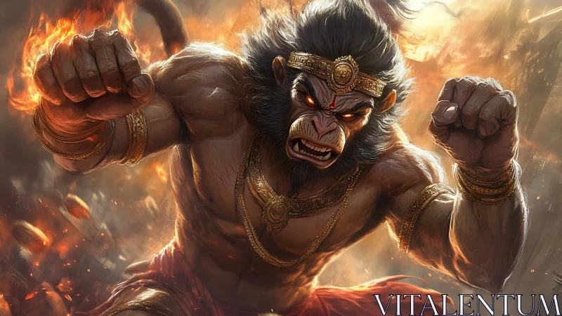 Warrior monkey god charges through blazing battlefield fury.