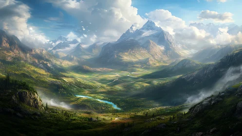 Sunlit alpine valley unfolds beneath towering snow peaks.
