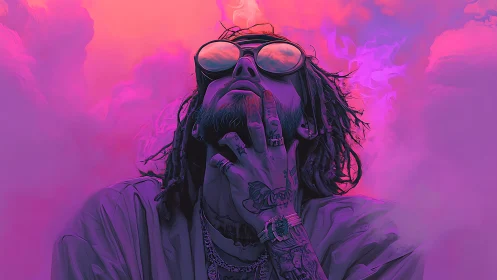 Neon-drenched portrait captures stylized figure in vapor haze