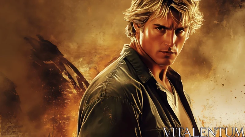 Determined blond hero in warm cinematic digital portrait lighting