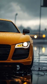 Yellow sports car headlight on wet city street at dusk.