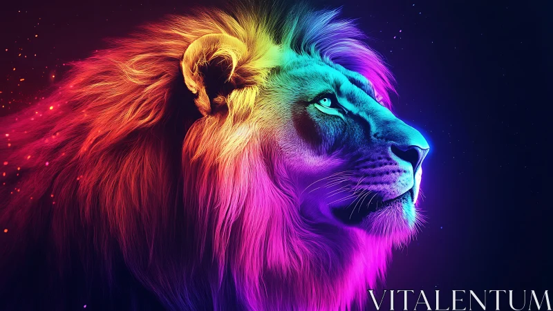 Neon crowned lion listens to the quiet thunder of starlight