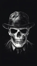 Noir skull portrait in fedora hat on black background.