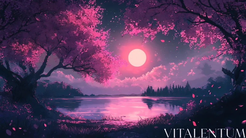 Dreamy pink moonrise glows over a tranquil lakeside grove