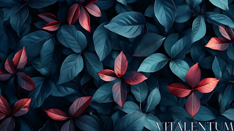 Dark teal foliage with scattered red leaves in contrast