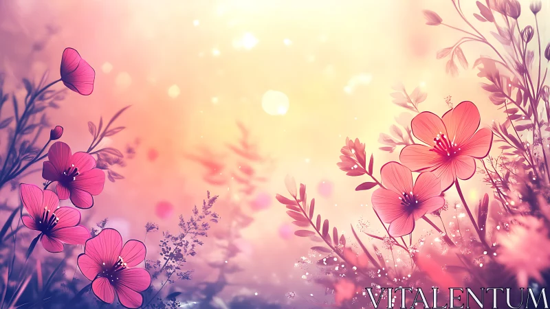 Pink Floral Composition with Bokeh and Ethereal Light Effects.