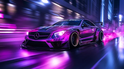 Neon street racer slicing through vivid midnight city glow.