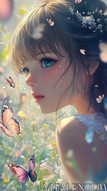 Dreamy blue-eyed girl gazes at butterflies in spring meadow.
