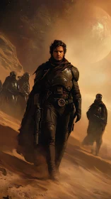 Starlit desert warrior strides through burning dune winds.