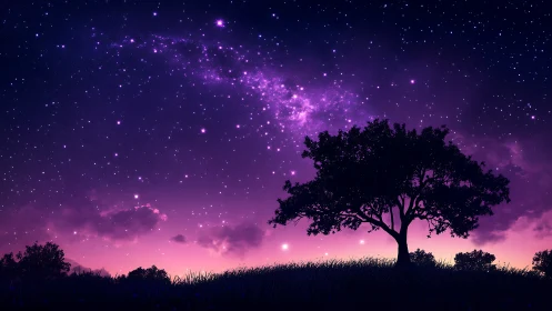 Digital painting nightscape with silhouetted tree and nebula sky.