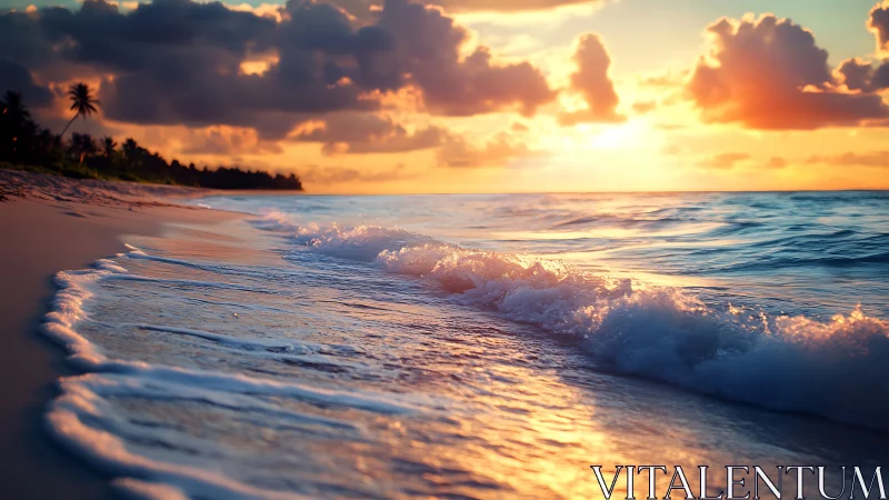 Sunlit surf rolling onto tranquil tropical shoreline at dusk.