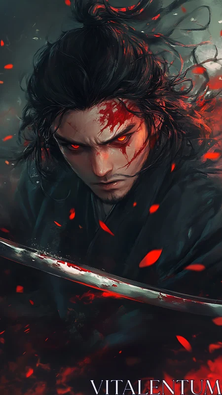 Bloodstained swordsman with glowing eyes rendered in dynamic digital art