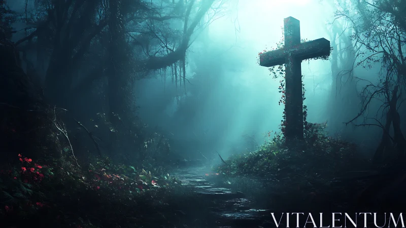 Midnight fog crowns a forgotten forest cross with quiet fire