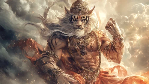 Skyborn tiger demigod storms through molten clouds of myth.