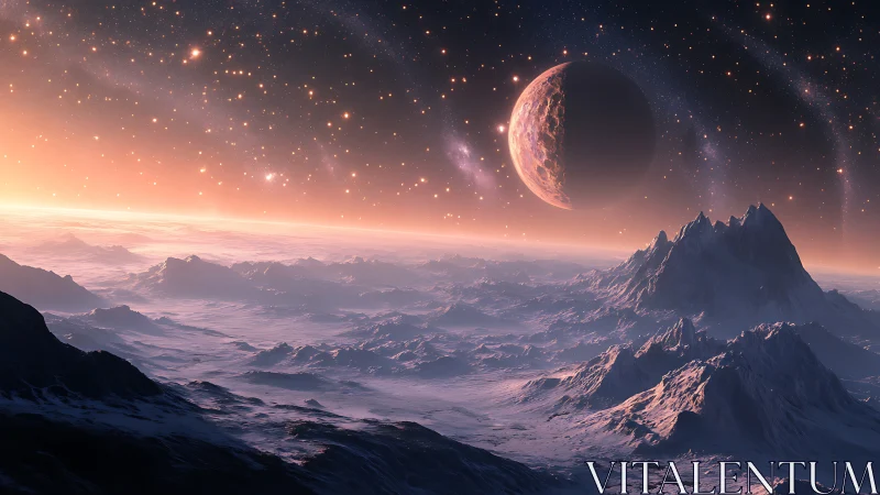Distant icy exoplanet landscape with ringed moon at sunrise.