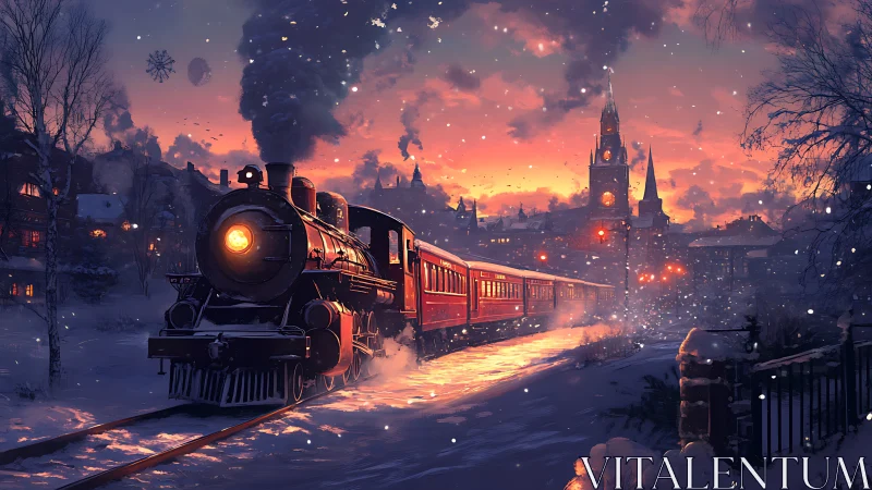 Steamlit winter express gliding through ember dusk snow.