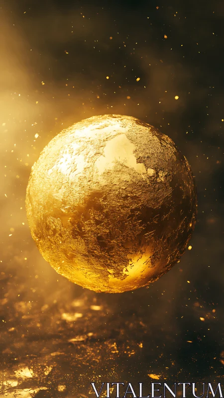 Suspended textured golden sphere in diffuse glowing field.
