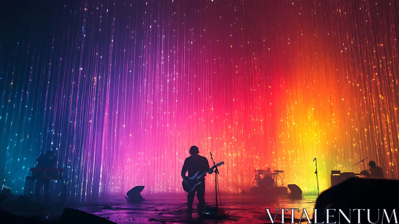 Color-drenched concert stage glows around a silhouetted band