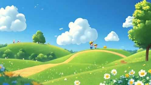 Children stand on green hills under bright clouds and sky