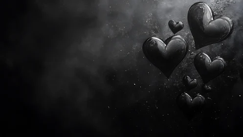 Floating Black Hearts in Dark Atmospheric Light.