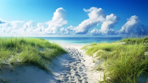 Coastal Beach Pathway Through Dune Grass with Turquoise Ocean