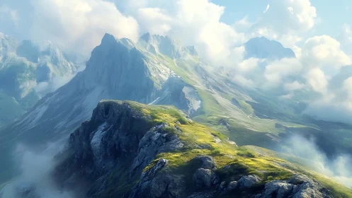 Mountain ridge with sunlit grassland emerging through clouds