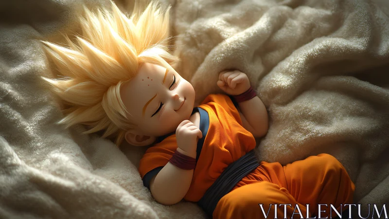 Digitally rendered child in orange outfit resting on blanket.