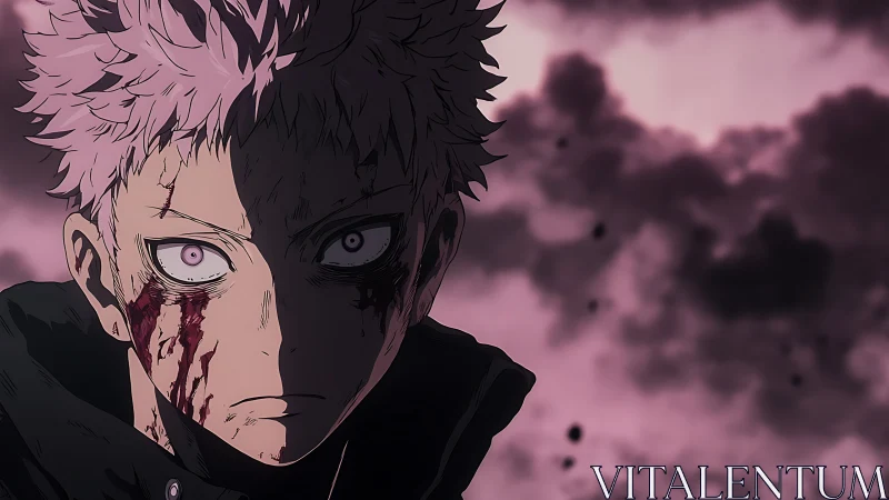 Intense anime portrait of bloodied boy in dark clouds.