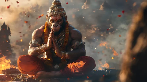 Divine simian warrior meditates in swirling firelit petals.