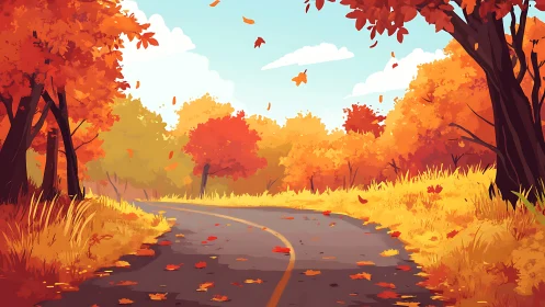 Vector illustration depicting autumn landscape road with layered foliage and atmospheric perspective