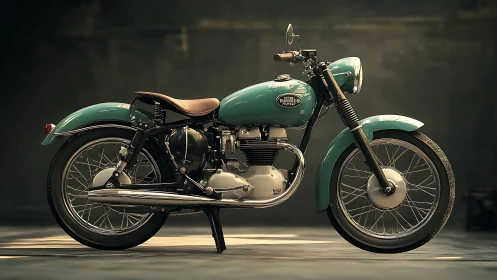Side view of teal classic motorcycle in studio lighting.