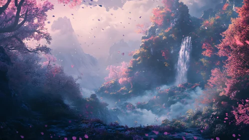 Fantasy mountain valley with waterfall and pink foliage scene.