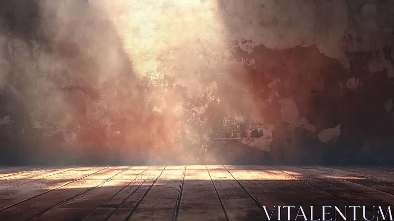 Dust-filled volumetric light cutting across worn wooden floor