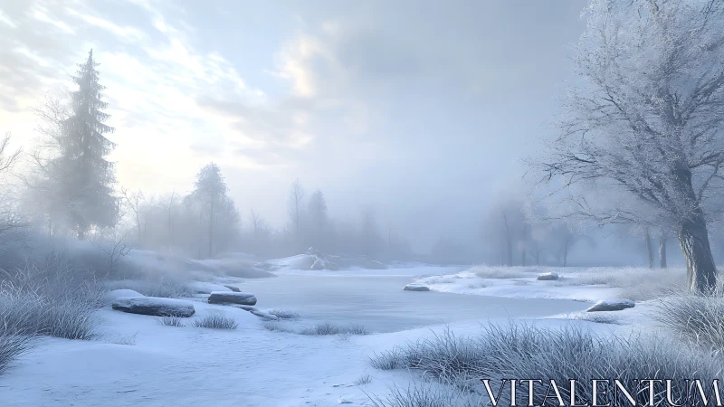 Frozen river landscape with frost covered trees and mist.