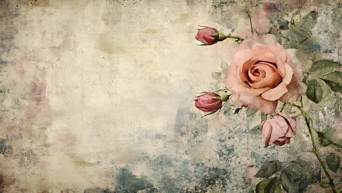 Vintage watercolor rose study on distressed textured ground.