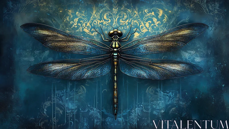 Ornate cyan dragonfly digital painting with baroque filigree backdrop.