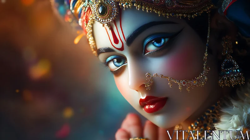 Glimmering gaze of a jeweled goddess in soft twilight.