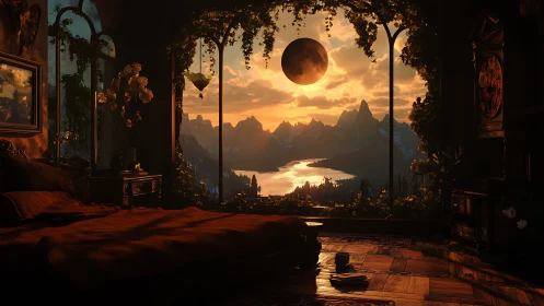 Interior bedroom frames illuminated river valley under eclipse