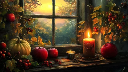 Cozy autumn window glow with candles, apples, and pumpkin.