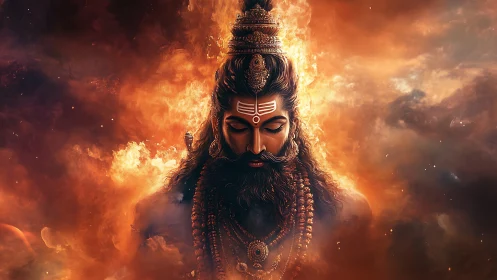 Fiery digital portrait of meditative bearded deity figure.