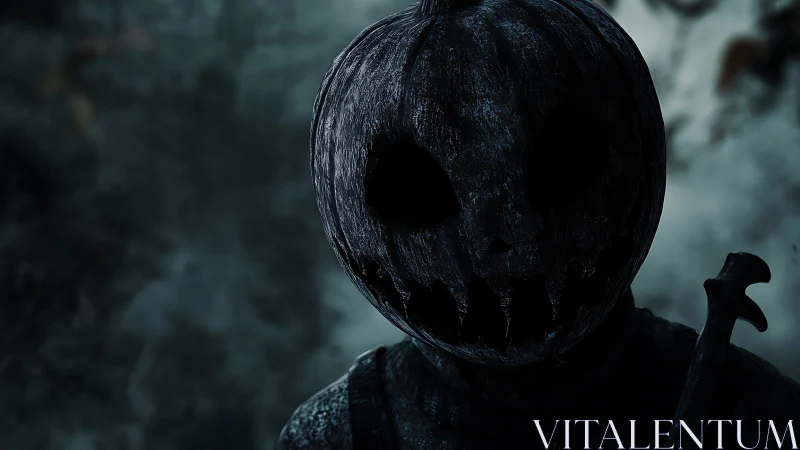 Sinister pumpkin-headed figure stands in eerie darkness.