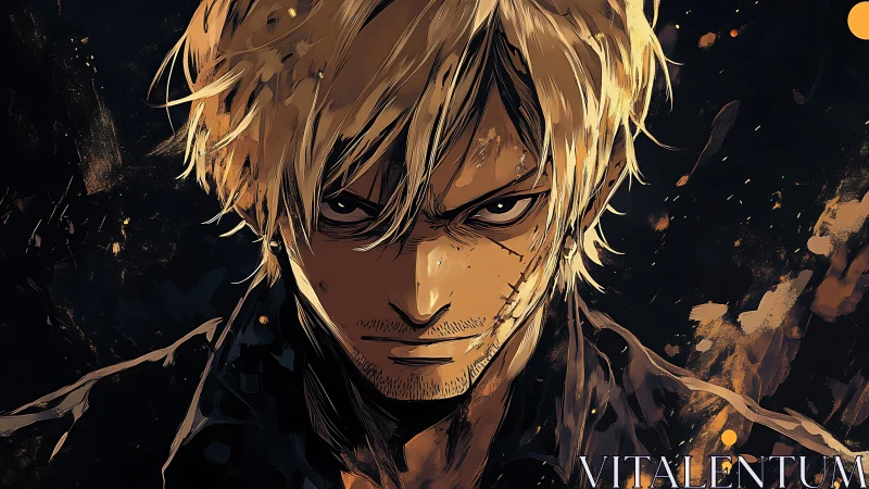 Scarred blond antihero glares through swirling golden sparks