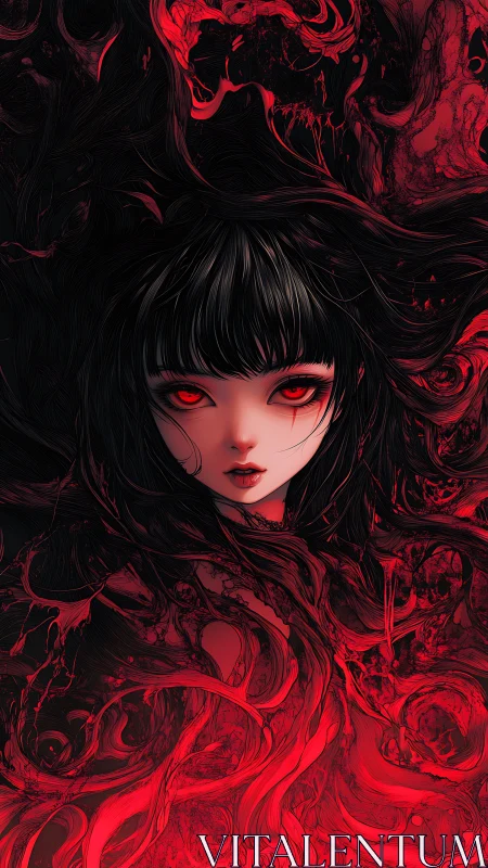 Female figure with red eyes amid swirling black and red forms.