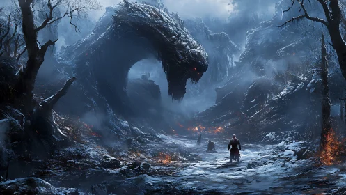Colossal ice-serpent emerges in volcanic ravine confronting lone warrior