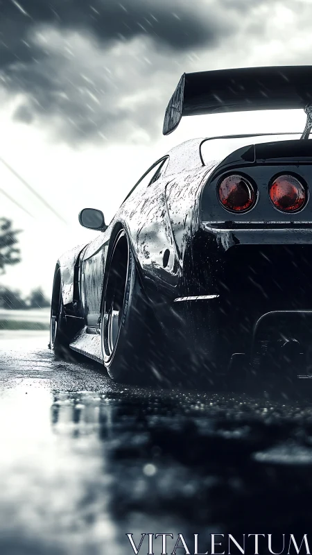 Storm-bruised tuner car crouches low in silver rain.